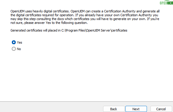 Do you want OpenUEM to create a CA?