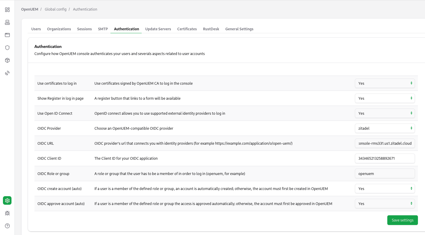 Zitadel&#39;s settings